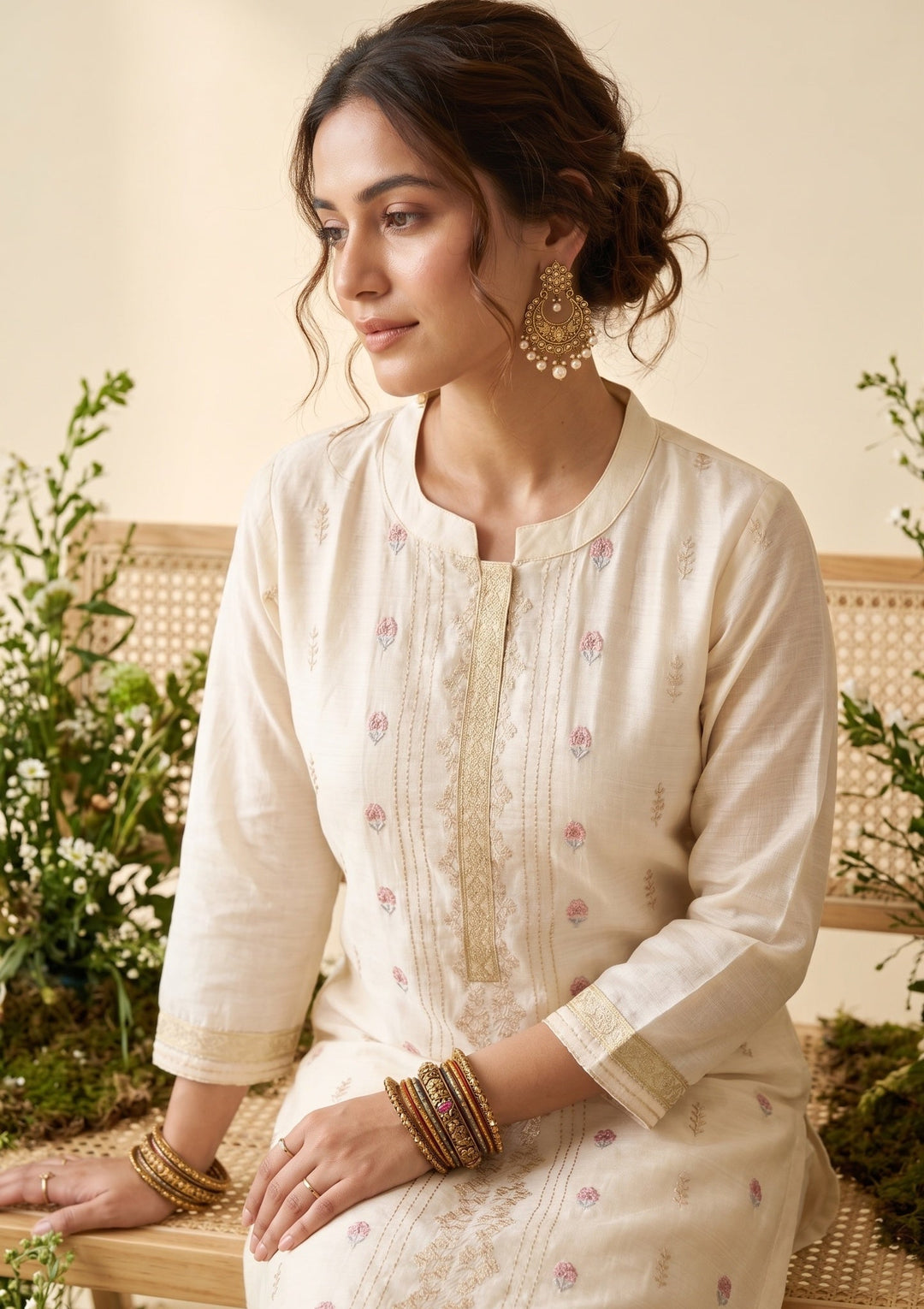 Cream Chanderi Threadwork Straight Kurta With Regular Pant And Dupatta