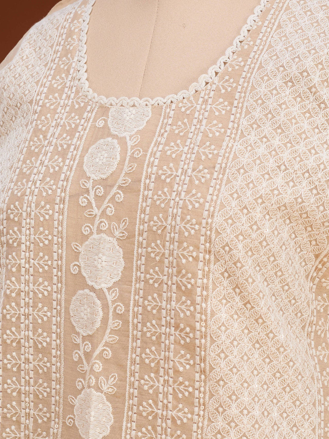 Beige Threadwork Chanderi Readymade Salwar Suit