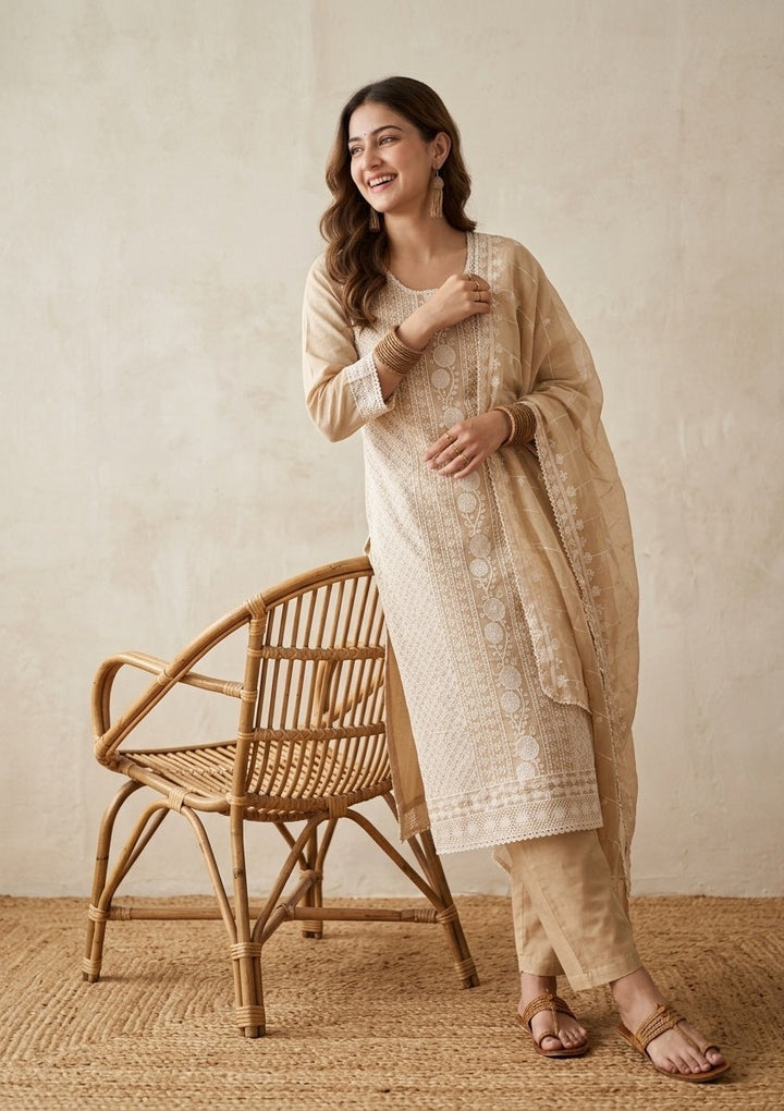 Light Brown Chanderi Threadwork Straight Kurta With Pant Regular And Dupatta