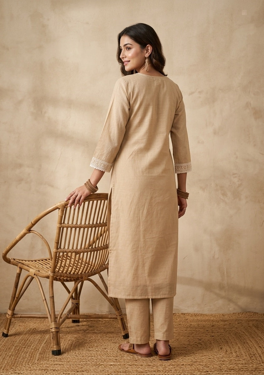 Beige Threadwork Chanderi Readymade Salwar Suit
