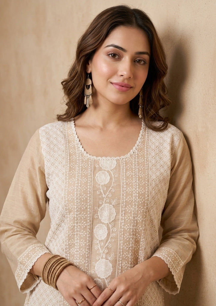 Beige Threadwork Chanderi Readymade Salwar Suit