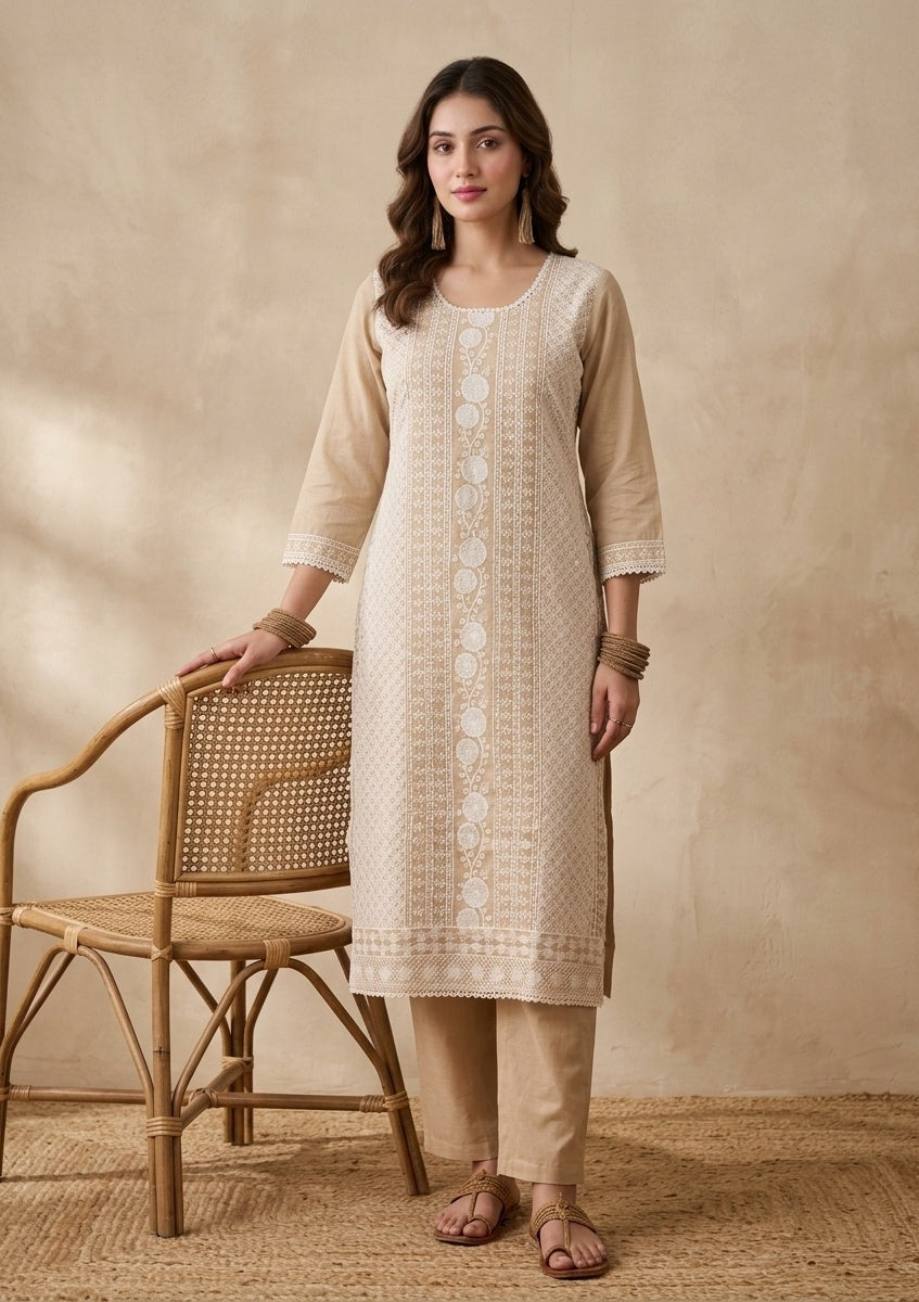 Beige Threadwork Chanderi Readymade Salwar Suit