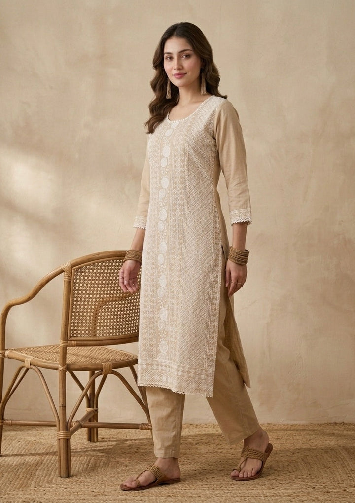Light Brown Chanderi Threadwork Straight Kurta With Pant Regular And Dupatta