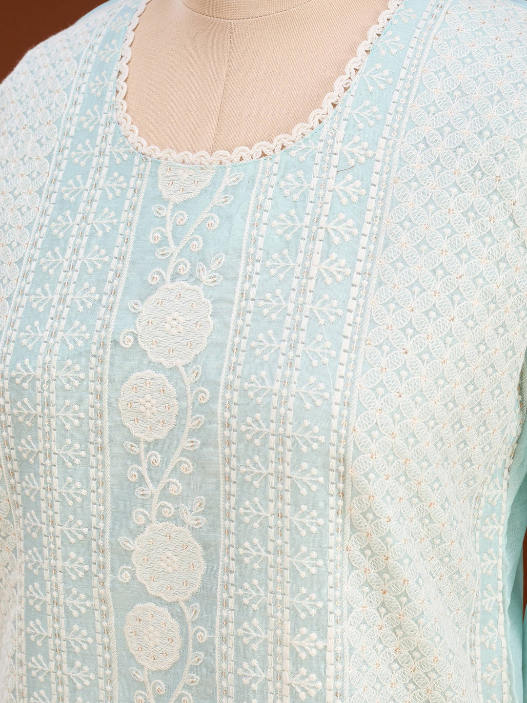 Pista Green Chanderi Threadwork Straight Kurta With Pant Regular And Dupatta