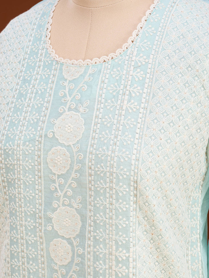 Pista Green Chanderi Threadwork Straight Kurta With Pant Regular And Dupatta