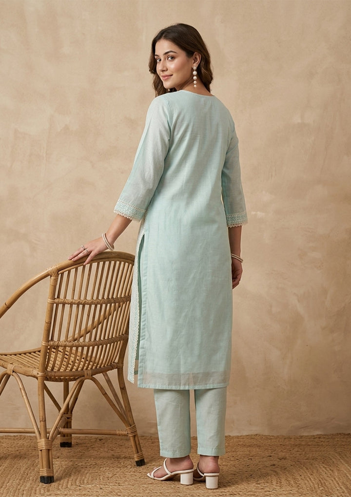 Sea Green Threadwork Chanderi Readymade Salwar Suit
