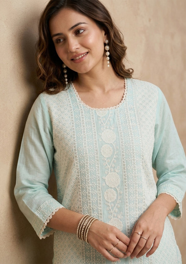 Sea Green Threadwork Chanderi Readymade Salwar Suit