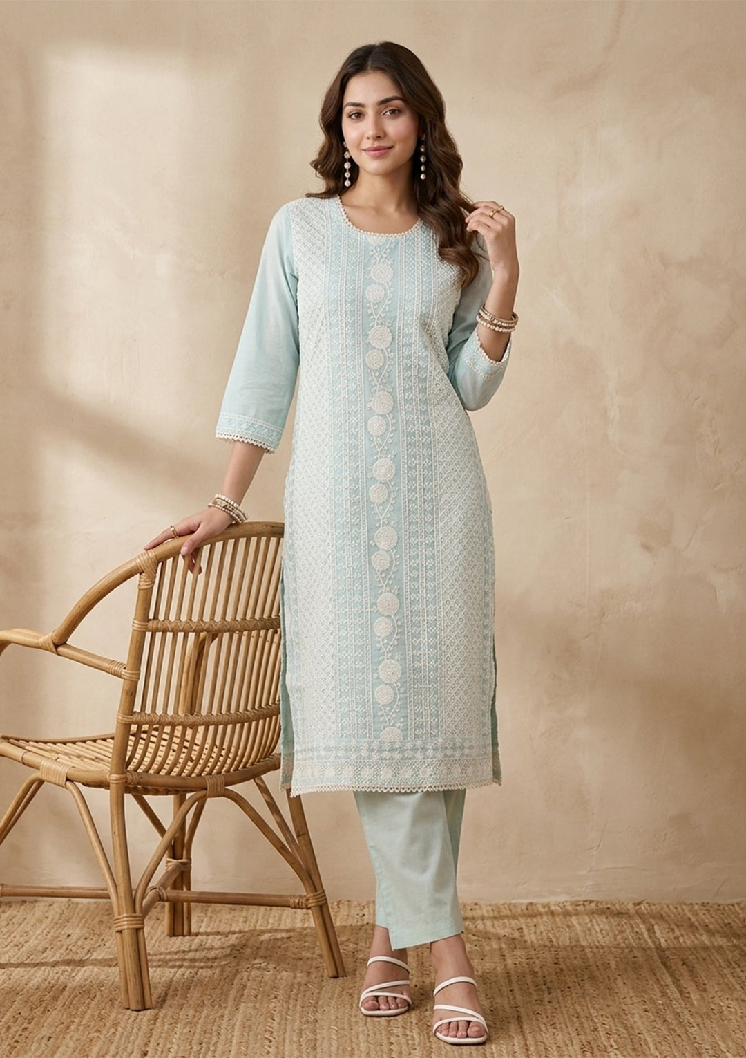 Sea Green Threadwork Chanderi Readymade Salwar Suit