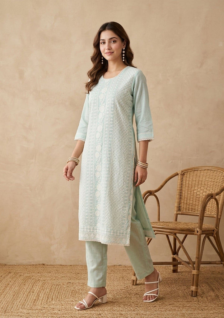 Sea Green Threadwork Chanderi Readymade Salwar Suit