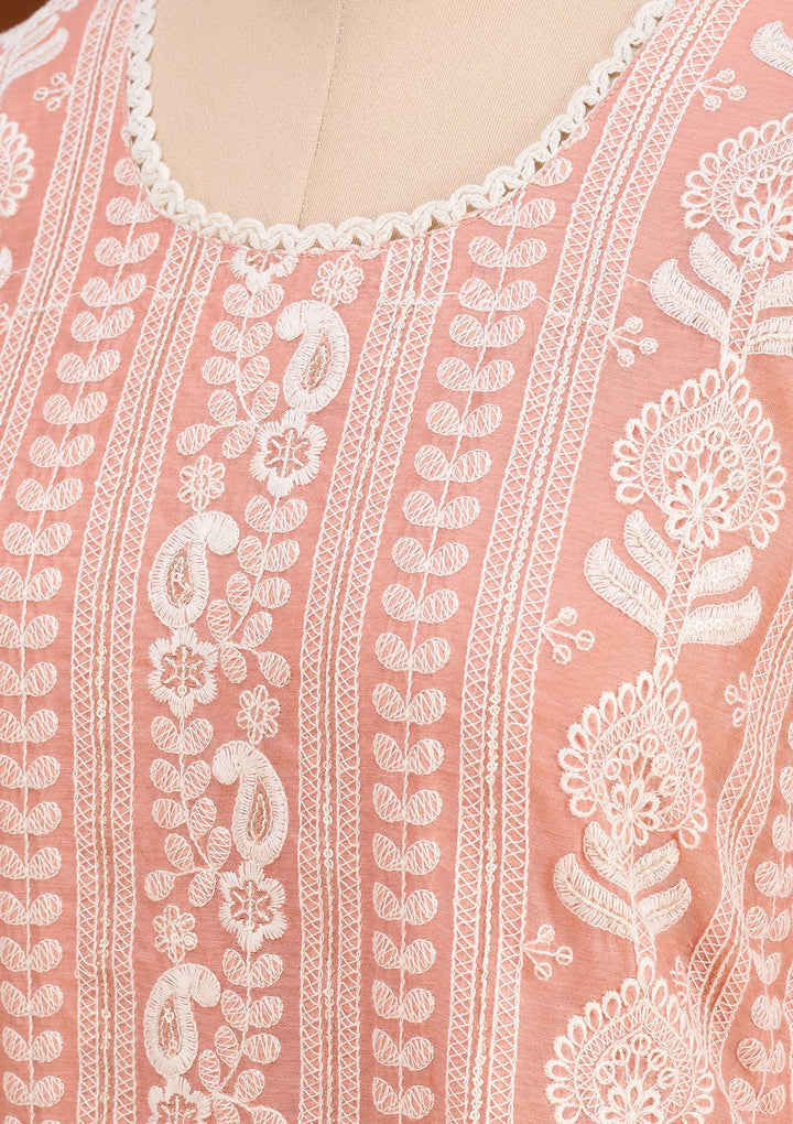 Peach Chanderi Threadwork Straight Kurta With Pant Regular And Dupatta