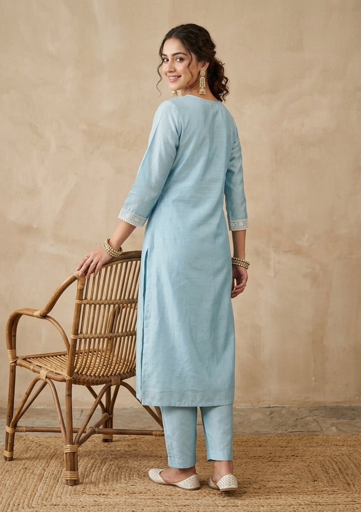 Sky Blue Chanderi Threadwork Straight Kurta With Regular Pant And Dupatta