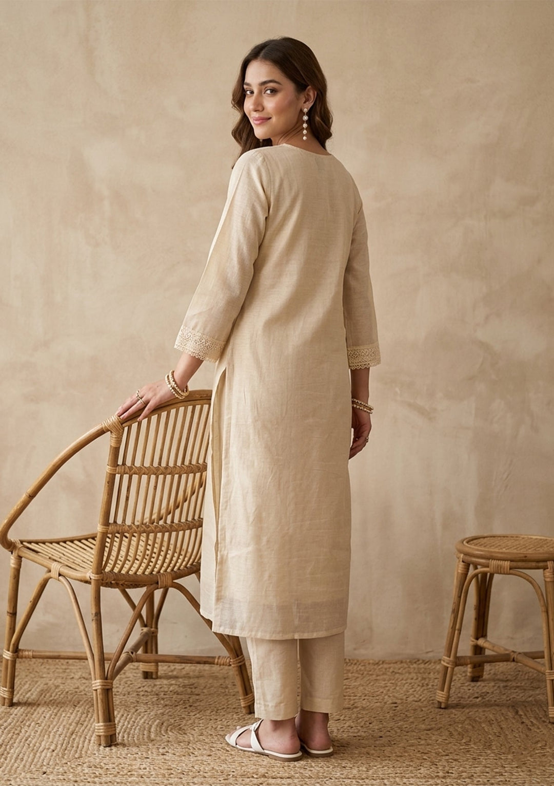Cream Chanderi Threadwork Straight Kurta With Pant Regular And Dupatta