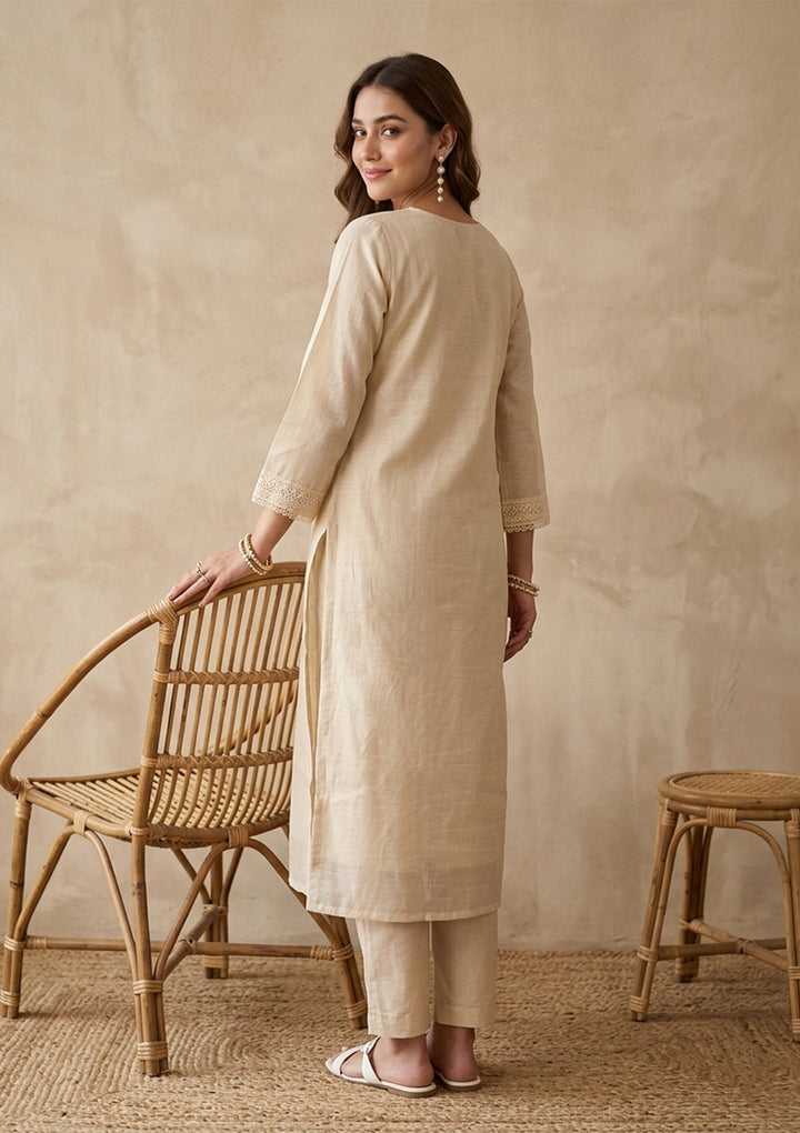Cream Chanderi Threadwork Straight Kurta With Pant Regular And Dupatta