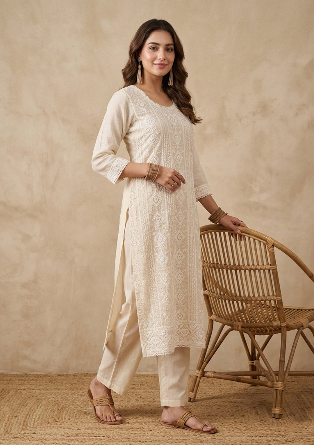 Cream Chanderi Threadwork Straight Kurta With Pant Regular And Dupatta