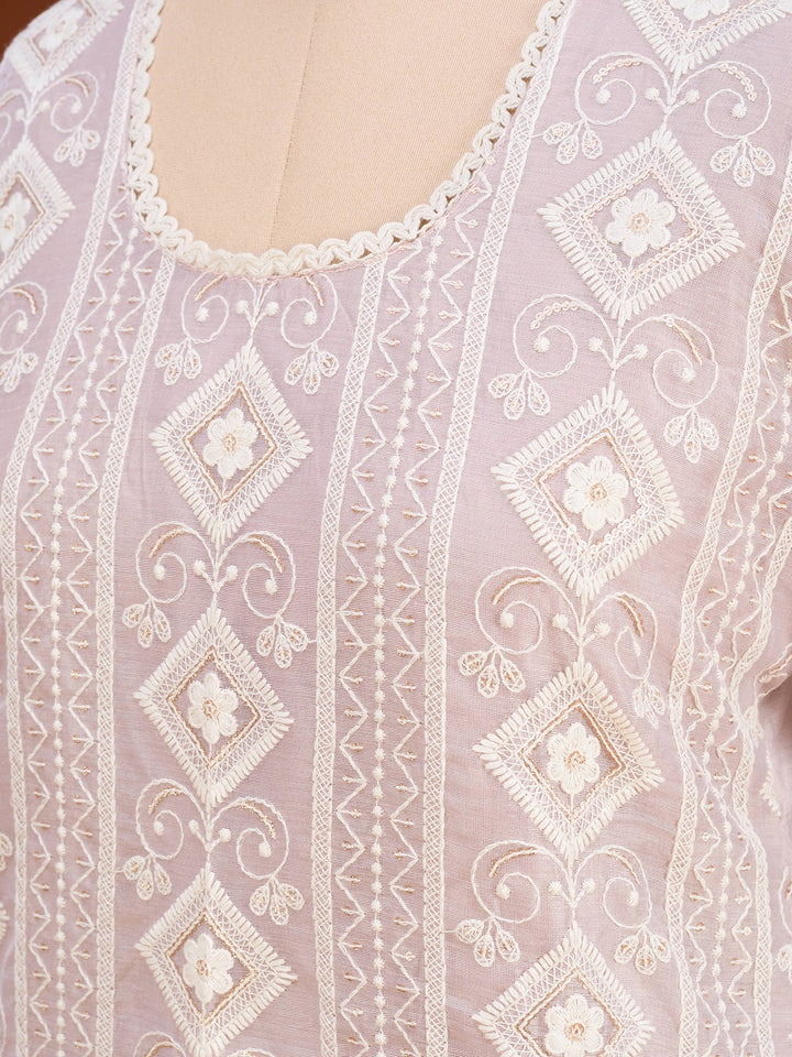 Mauve Threadwork Straight Kurta With Pant Regular And Dupatta