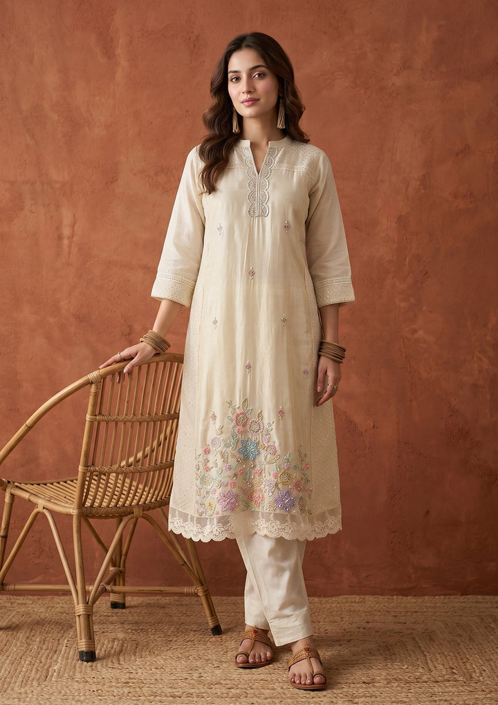 Cream Cutdana Tissue Readymade Salwar Suit