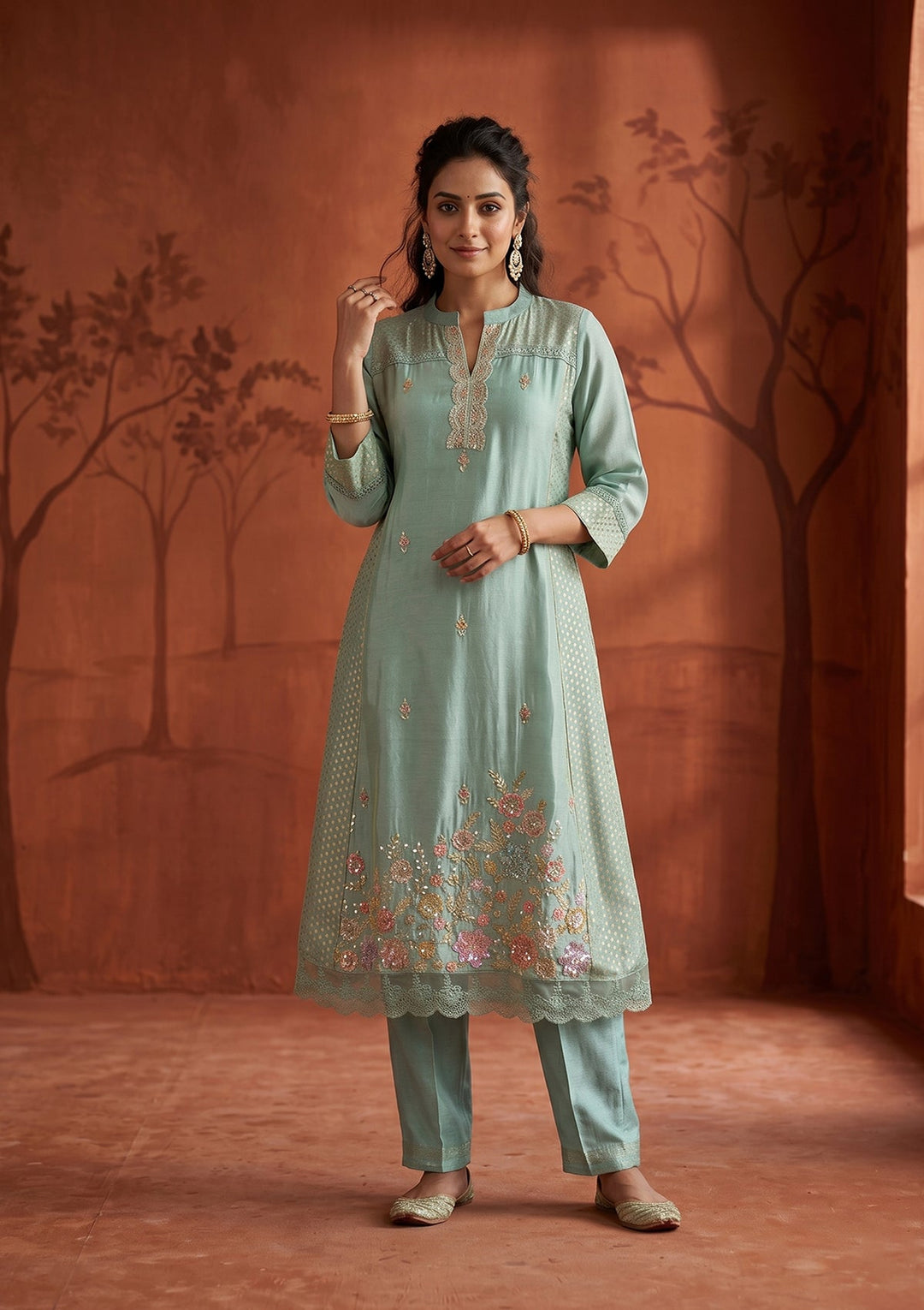 Sea Green Cutdana Tissue Readymade Salwar Suit