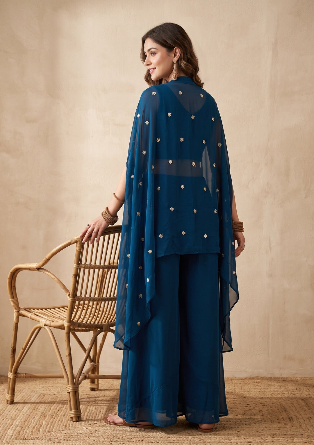 Peacock Blue Zariwork (Gold) Georgette Readymade Salwar Suit