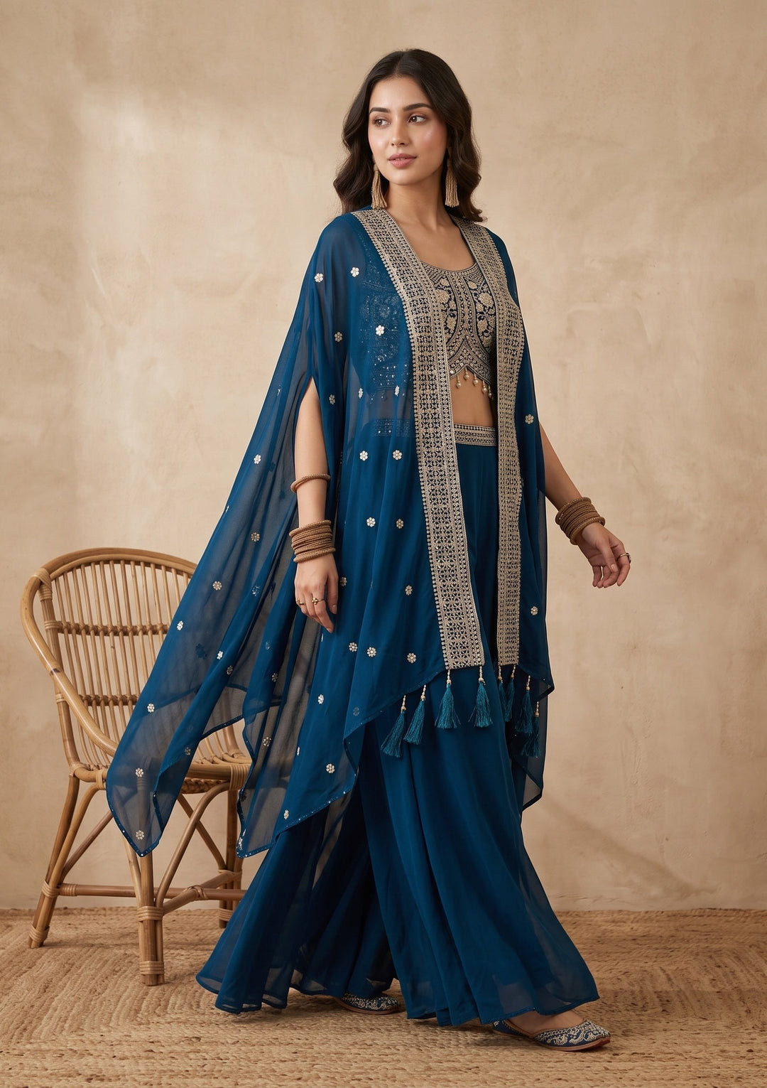 Peacock Blue Zariwork (Gold) Georgette Readymade Salwar Suit