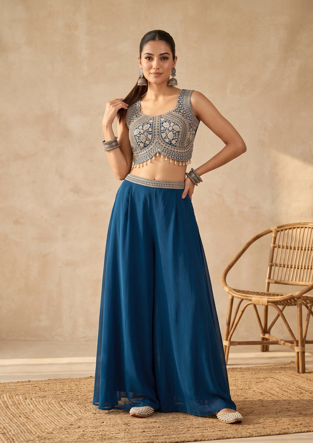 Peacock Blue Zariwork (Gold) Georgette Readymade Salwar Suit