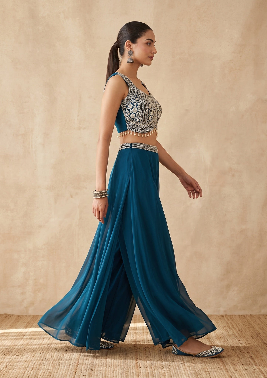 Peacock Blue Zariwork (Gold) Georgette Readymade Salwar Suit