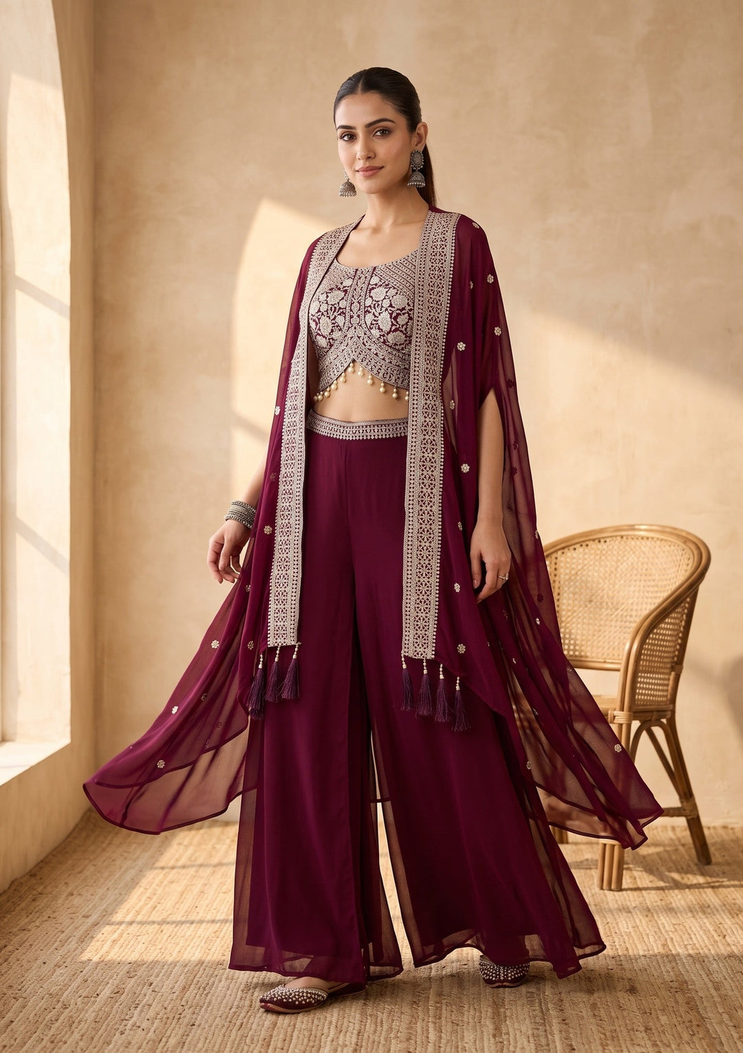 Wine Zariwork (Gold) Georgette Readymade Salwar Suit