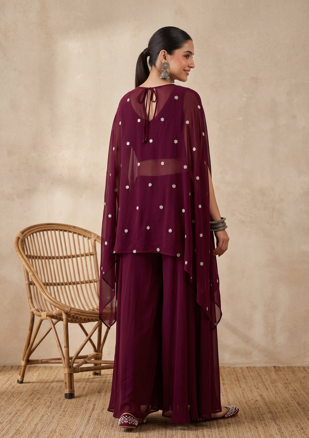 Wine Zariwork (Gold) Georgette Readymade Salwar Suit