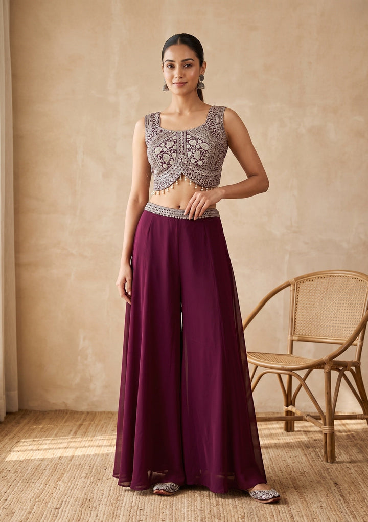 Wine Zariwork (Gold) Georgette Readymade Salwar Suit