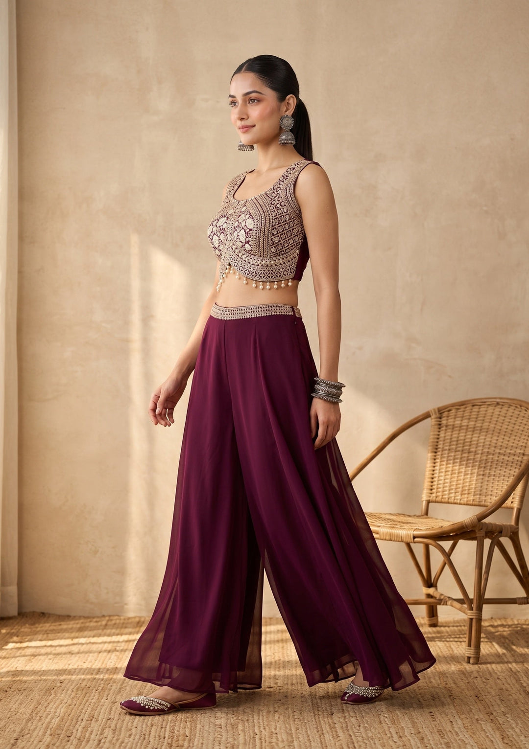 Wine Zariwork (Gold) Georgette Readymade Salwar Suit