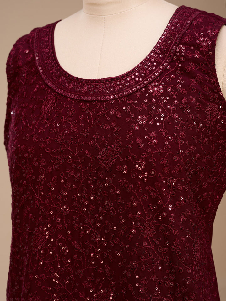 Maroon Threadwork Georgette Readymade Salwar Suit