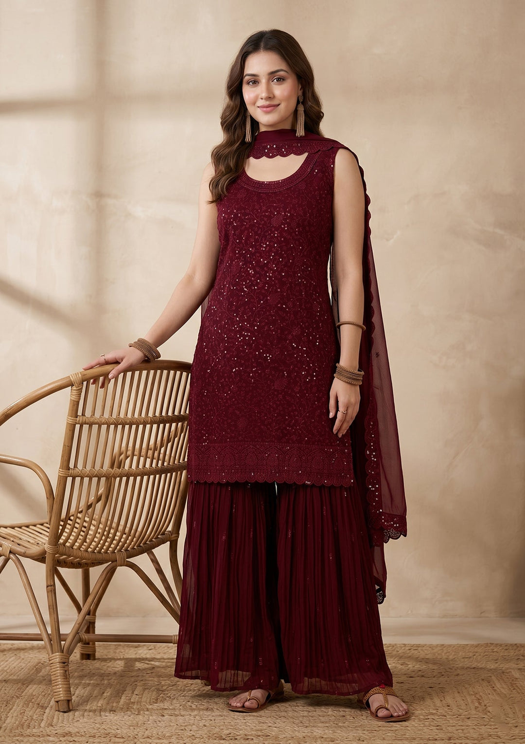 Maroon Threadwork Georgette Readymade Salwar Suit
