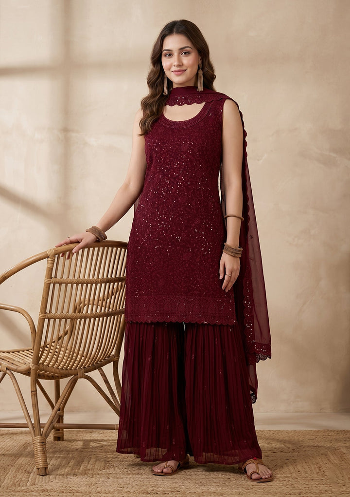 Maroon Threadwork Georgette Readymade Salwar Suit