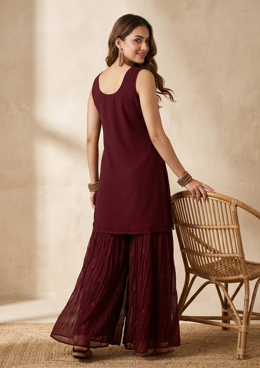 Maroon Threadwork Georgette Readymade Salwar Suit