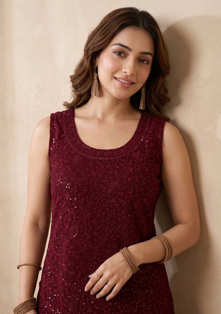 Maroon Threadwork Georgette Readymade Salwar Suit