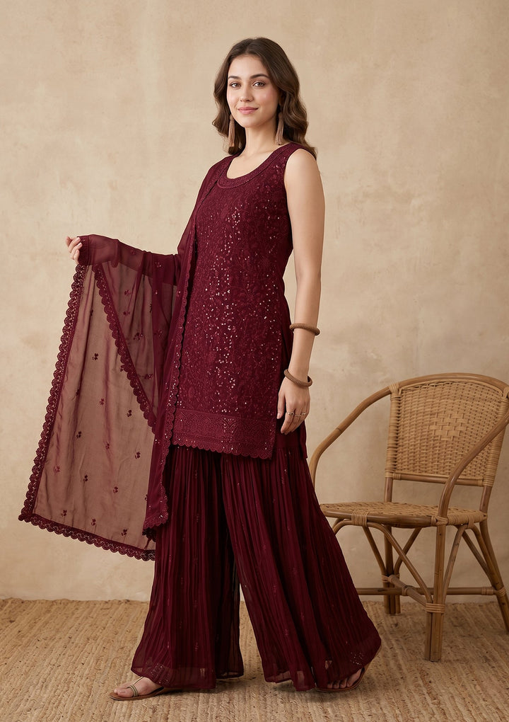 Maroon Threadwork Georgette Readymade Salwar Suit