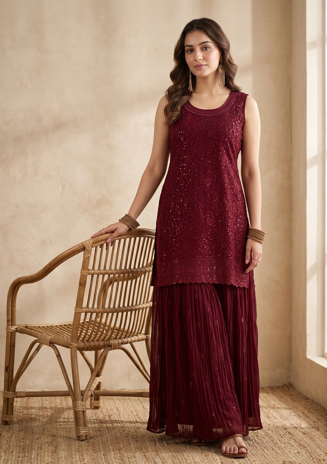 Maroon Threadwork Georgette Readymade Salwar Suit