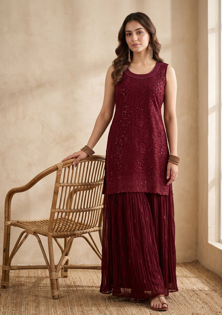 Maroon Threadwork Georgette Readymade Salwar Suit