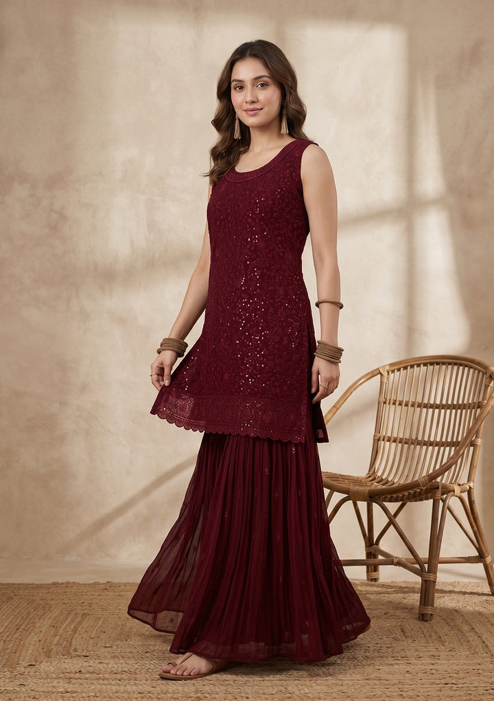 Maroon Threadwork Georgette Readymade Salwar Suit
