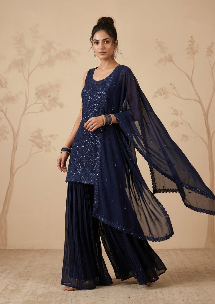 Navy Blue Threadwork Georgette Readymade Salwar Suit