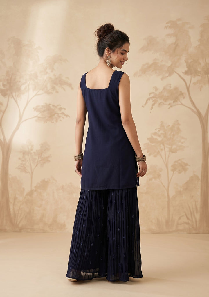 Navy Blue Threadwork Georgette Readymade Salwar Suit