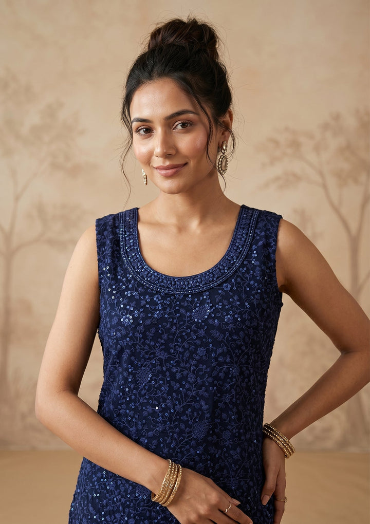 Navy Blue Threadwork Georgette Readymade Salwar Suit