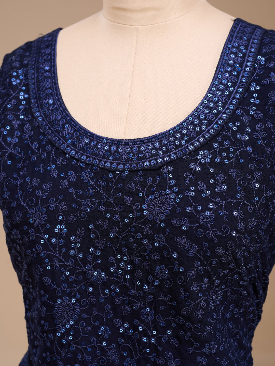 Navy Blue Threadwork Georgette Readymade Salwar Suit