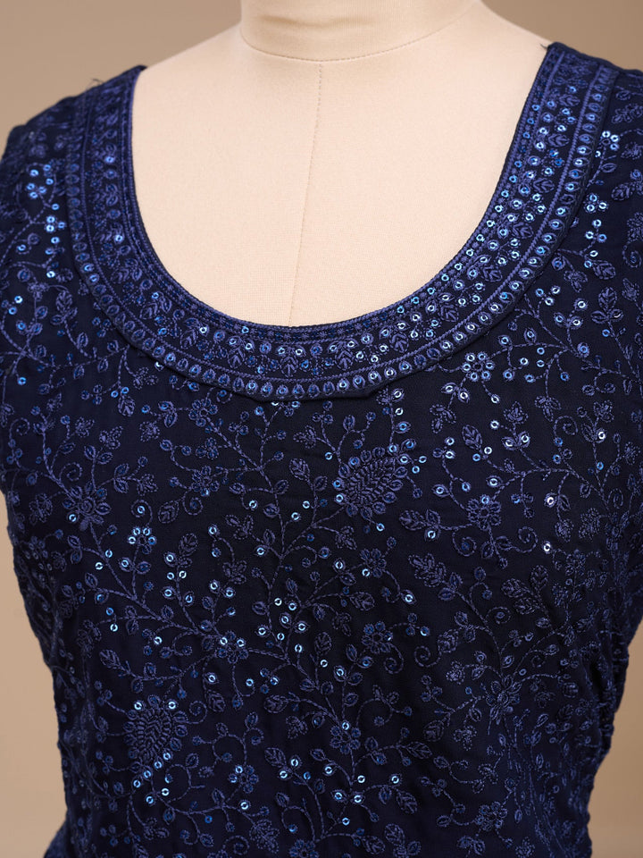 Navy Blue Threadwork Georgette Readymade Salwar Suit