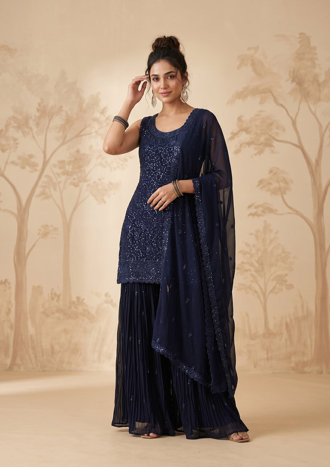Navy Blue Threadwork Georgette Readymade Salwar Suit
