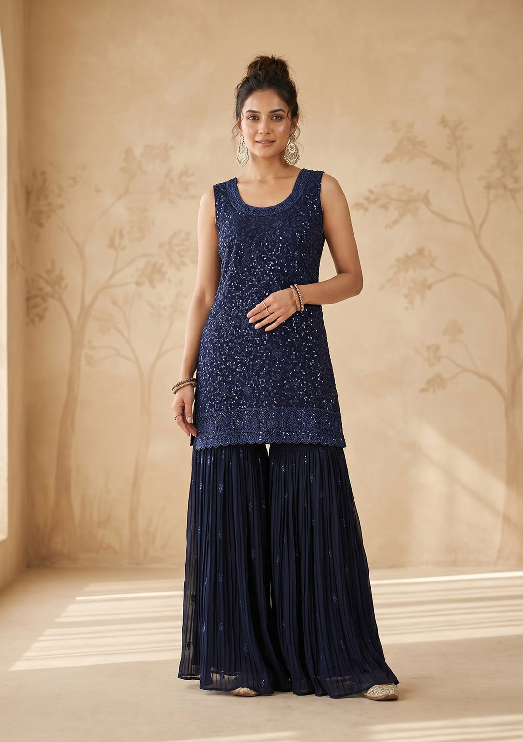 Navy Blue Threadwork Georgette Readymade Salwar Suit