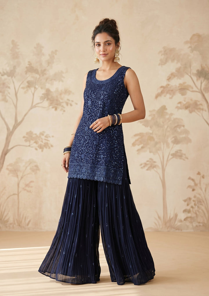 Navy Blue Threadwork Georgette Readymade Salwar Suit