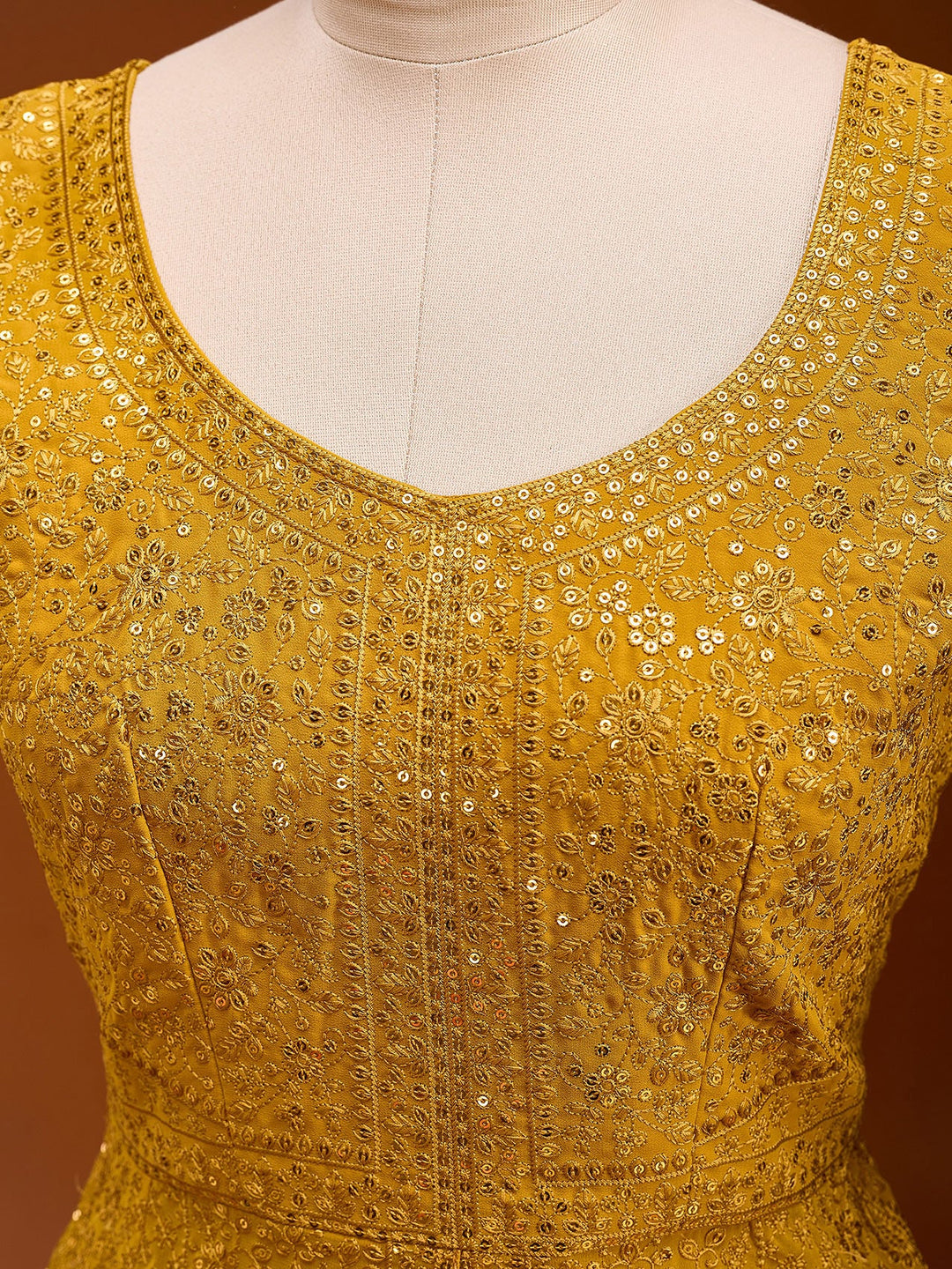 Mustard Threadwork Georgette Readymade Salwar Suit