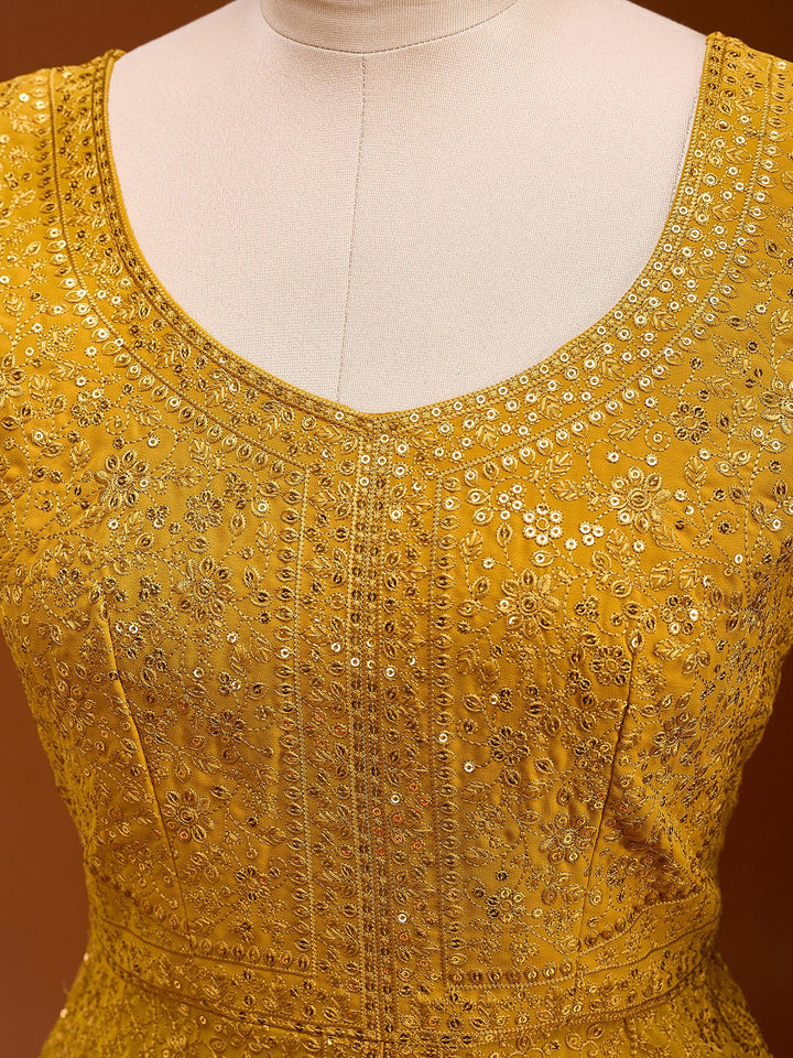 Mustard Threadwork Georgette Readymade Salwar Suit