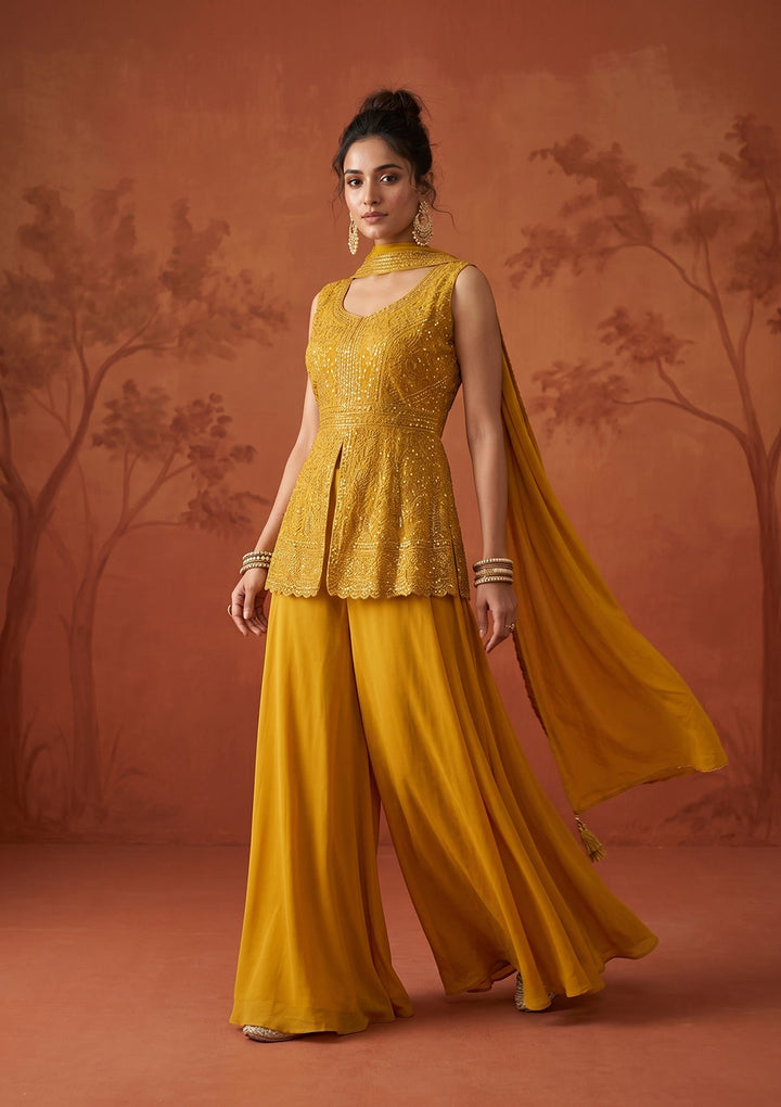 Mustard Threadwork Georgette Readymade Salwar Suit