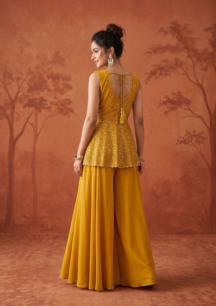 Mustard Threadwork Georgette Readymade Salwar Suit